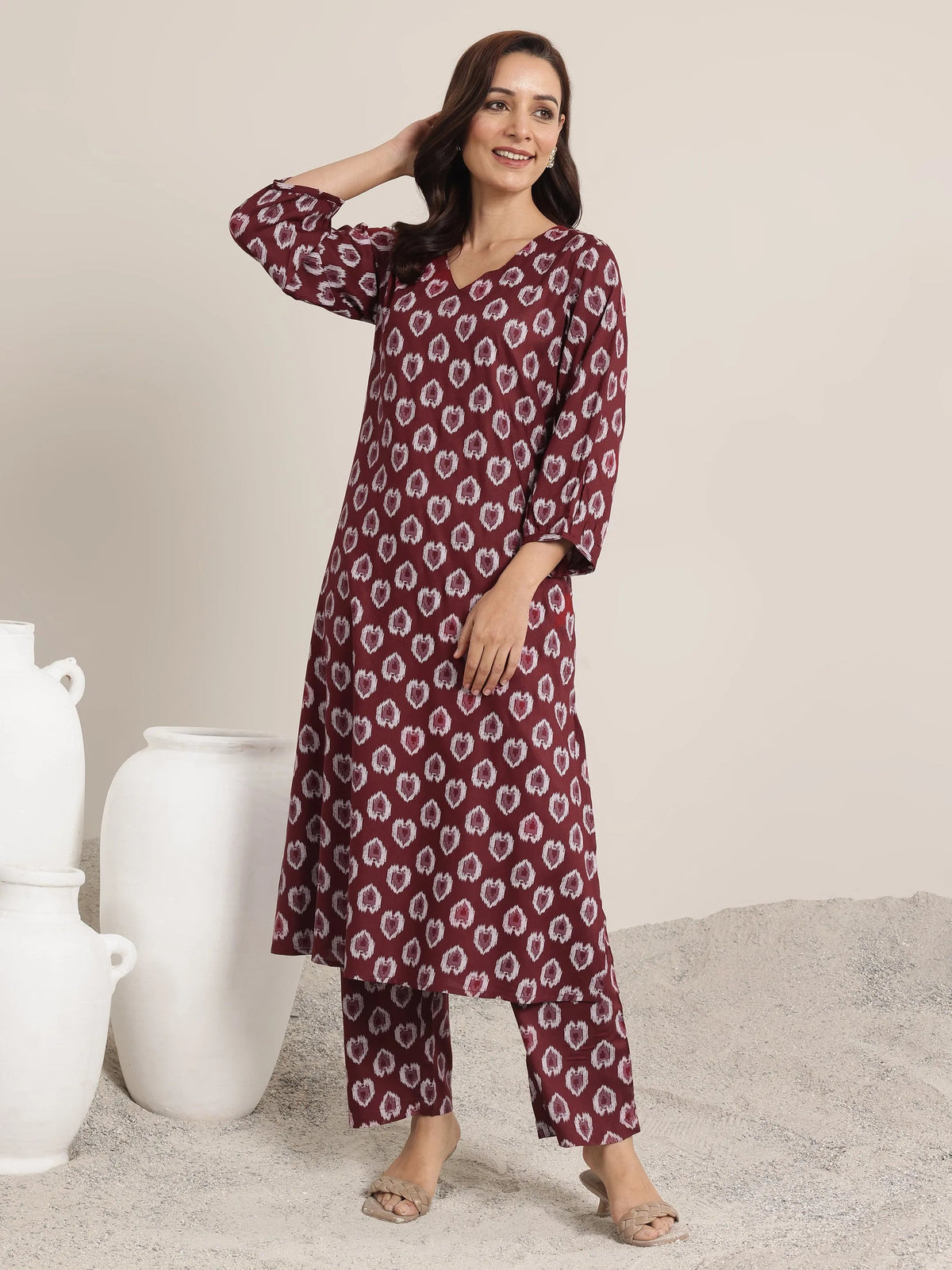 Libas Maroon Printed Rayon Straight Kurta Set