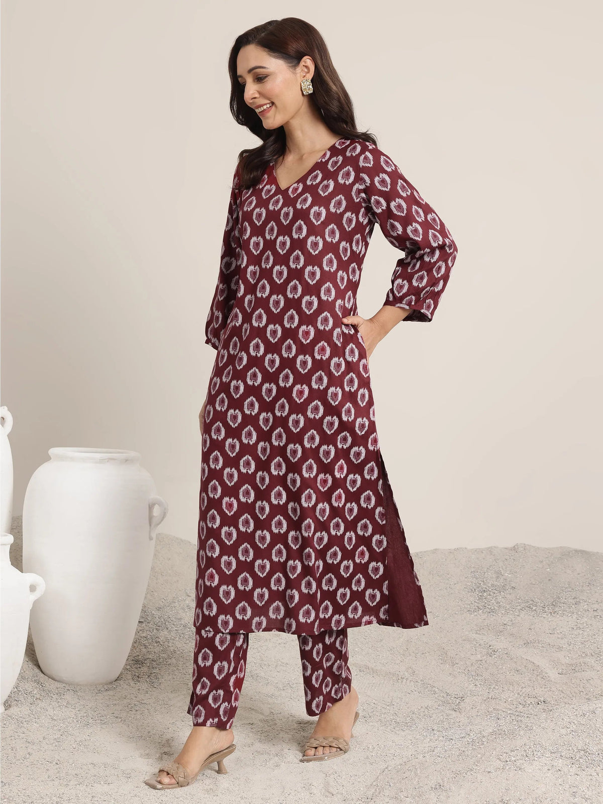 Libas Maroon Printed Rayon Straight Kurta Set