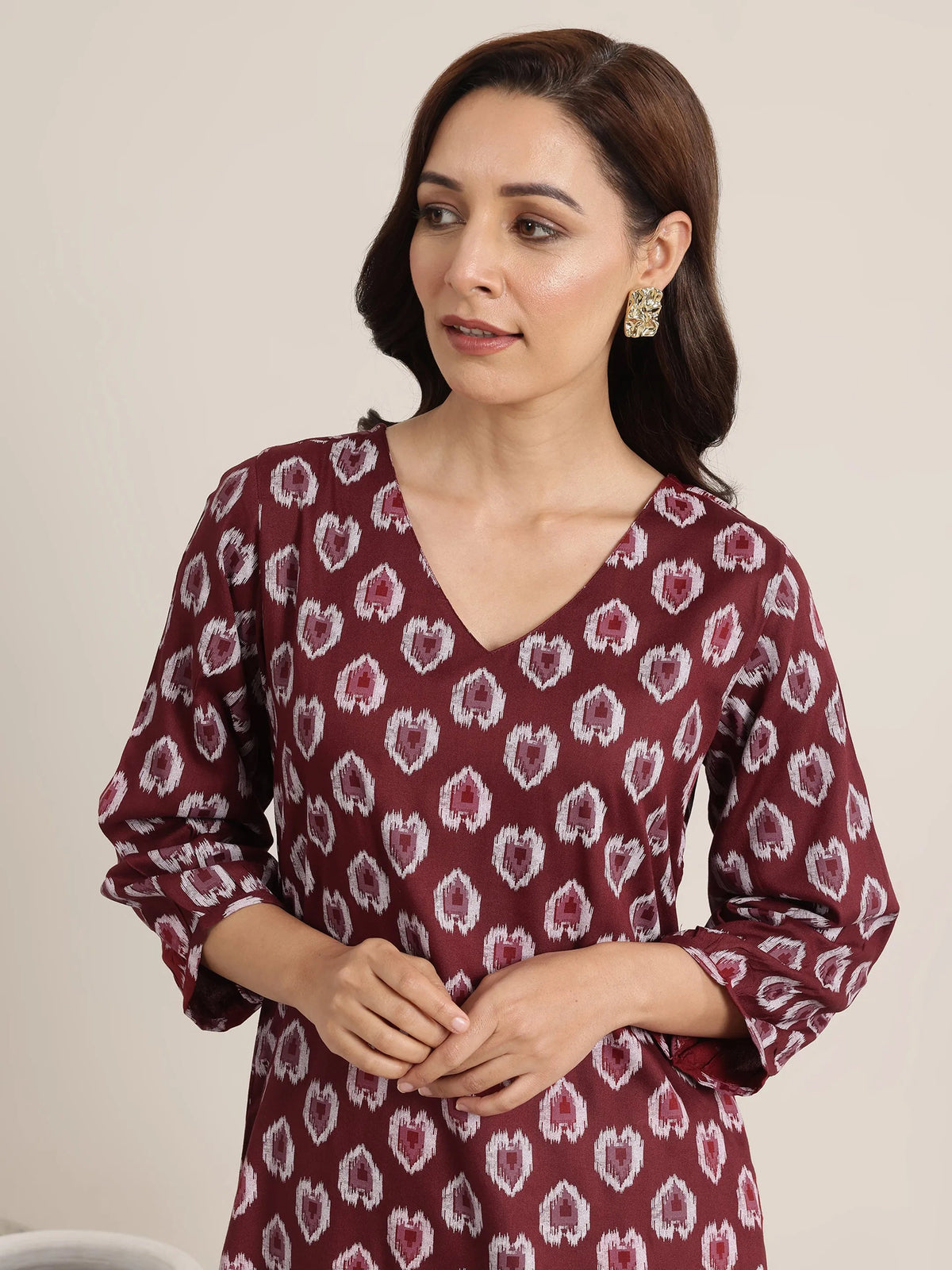 Libas Maroon Printed Rayon Straight Kurta Set