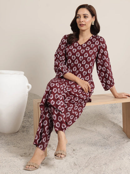 Libas Maroon Printed Rayon Straight Kurta Set