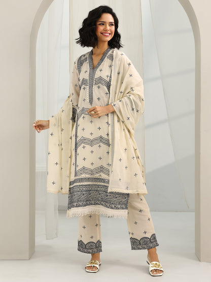 Libas Off White Embroidered Cotton Straight Suit Set With Dupatta