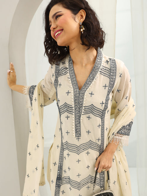 Libas Off White Embroidered Cotton Straight Suit Set With Dupatta