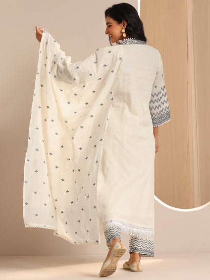 Libas Off White Embroidered Cotton Straight Suit Set With Dupatta