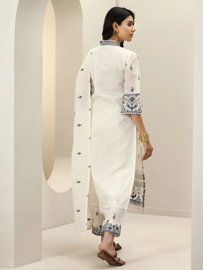 Libas Off White Embroidered Cotton Straight Suit Sets With Dupatta