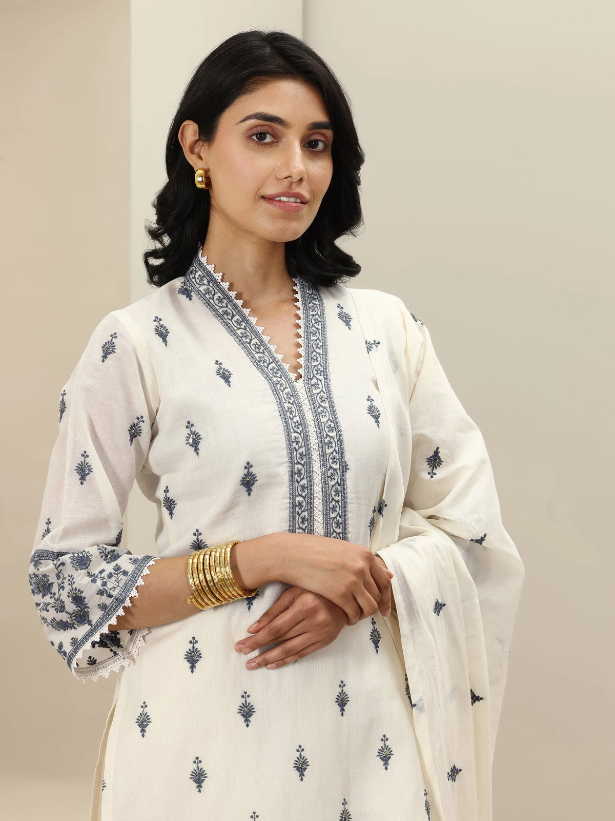 Libas Off White Embroidered Cotton Straight Suit Sets With Dupatta