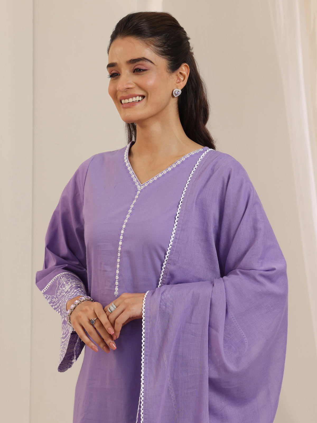 Libas Purple Solid Cotton Straight Suit Set With Dupatta