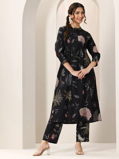 Libas Black Printed Silk Blend Straight Kurta Set