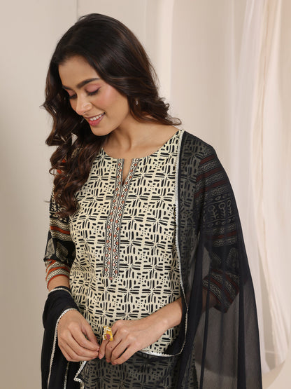 Libas Beige Printed Cotton Straight Suit Set With Dupatta