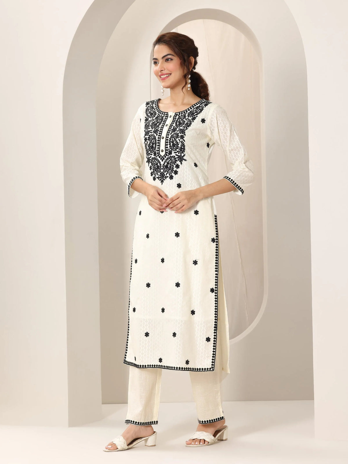 Libas Off White Embroidered Cotton Straight Suit Set With Dupatta
