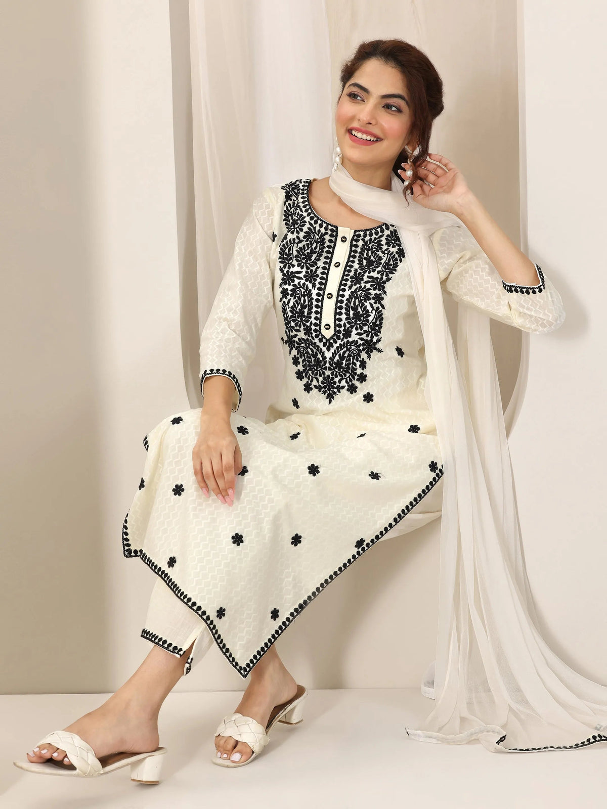 Libas Off White Embroidered Cotton Straight Suit Set With Dupatta