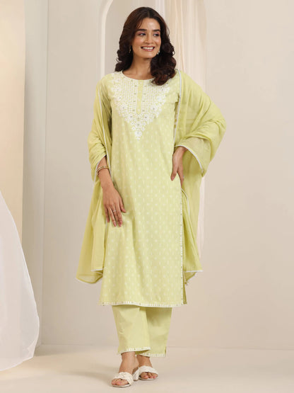 Libas Lime Green Embroidered Cotton Straight Suit Set With Dupatta