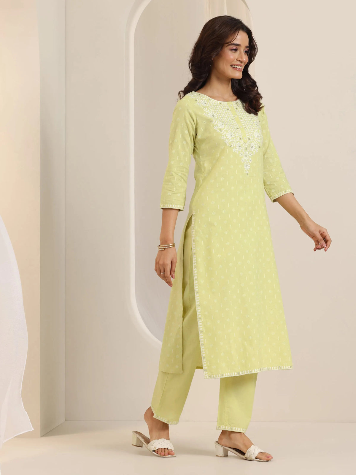 Libas Lime Green Embroidered Cotton Straight Suit Set With Dupatta