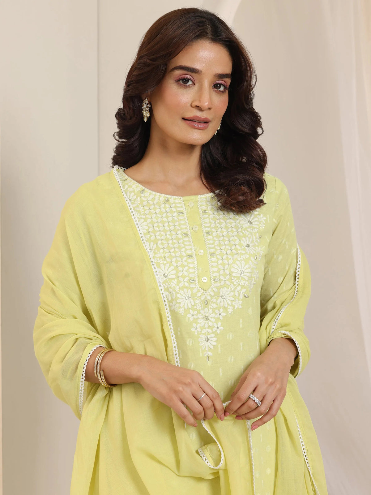 Libas Lime Green Embroidered Cotton Straight Suit Set With Dupatta