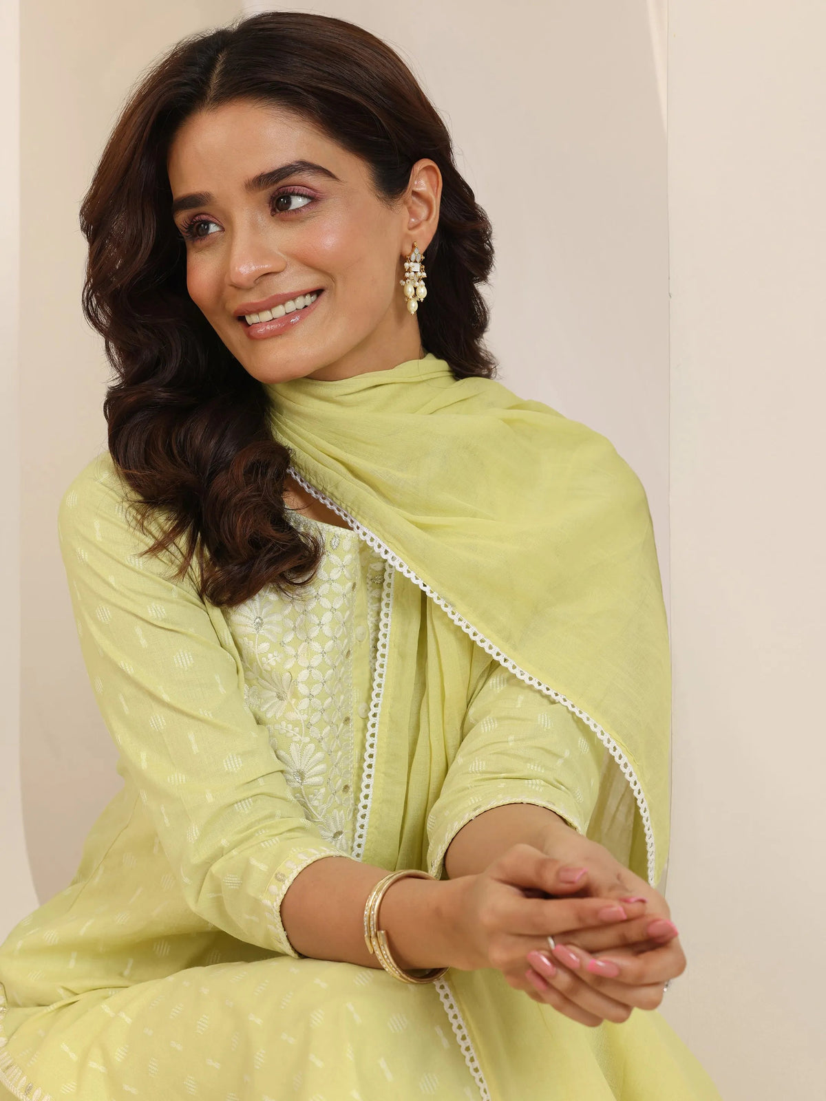 Libas Lime Green Embroidered Cotton Straight Suit Set With Dupatta
