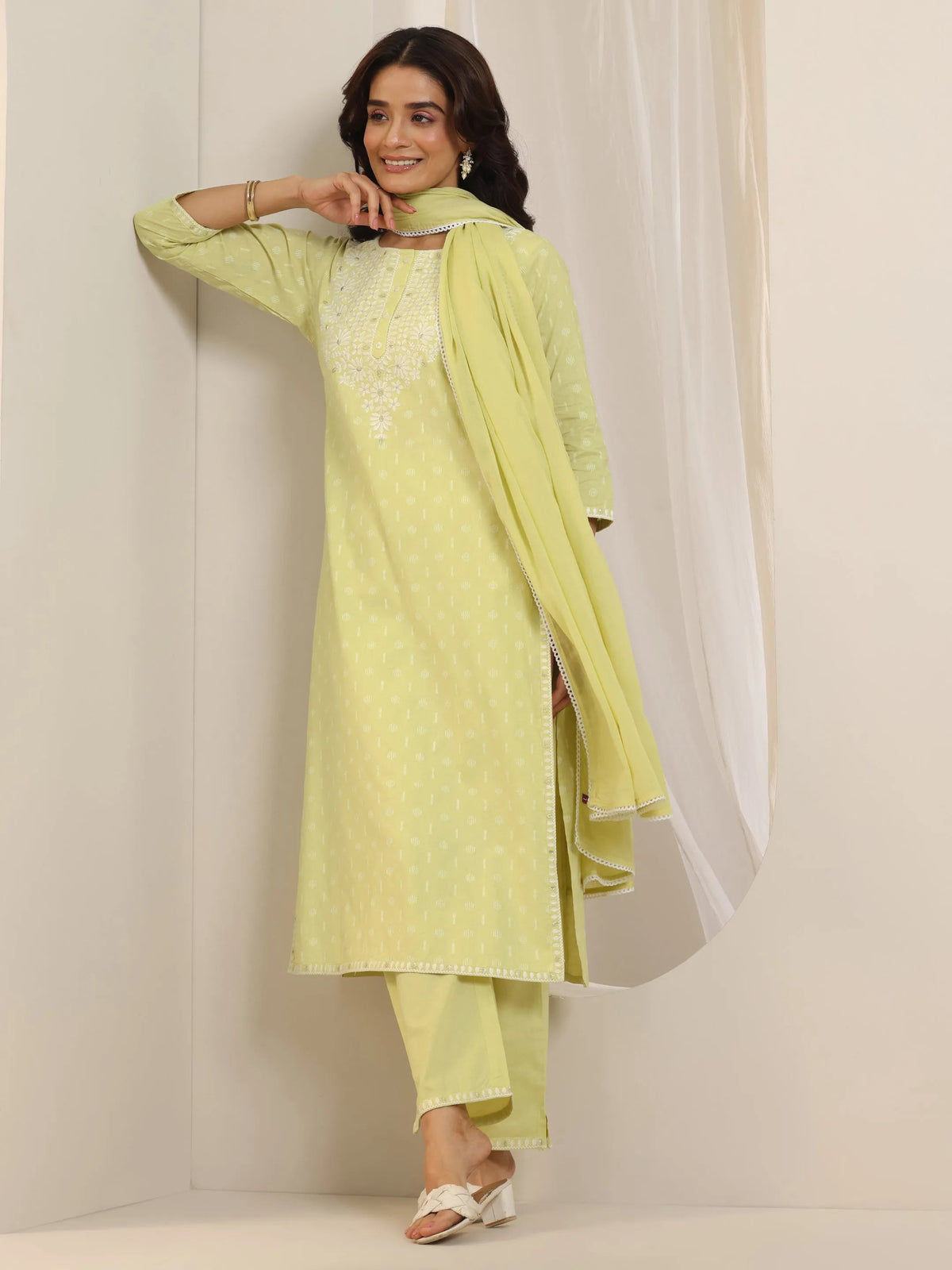 Libas Lime Green Embroidered Cotton Straight Suit Set With Dupatta