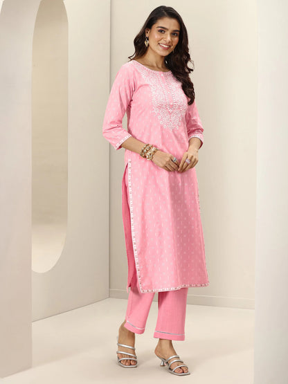 Libas Pink Embroidered Cotton Straight Suit Sets With Dupatta
