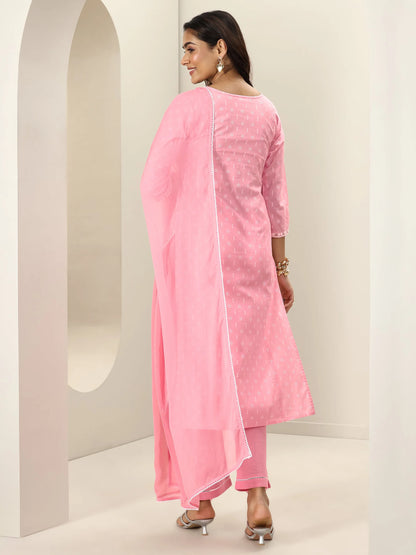 Libas Pink Embroidered Cotton Straight Suit Sets With Dupatta