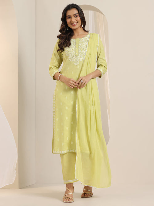 Libas Lime Green Embroidered Cotton Straight Suit Set With Dupatta