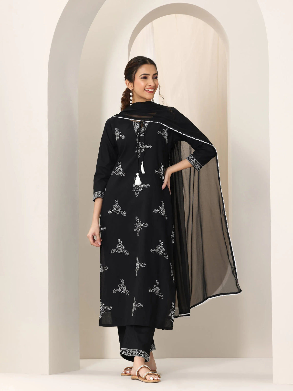 Libas Black Embroidered Cotton Straight Suit Set With Dupatta