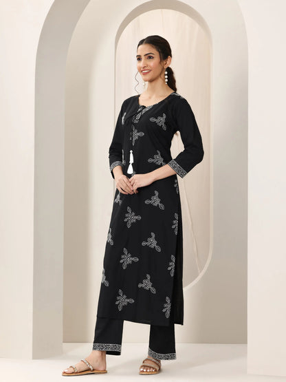 Libas Black Embroidered Cotton Straight Suit Set With Dupatta