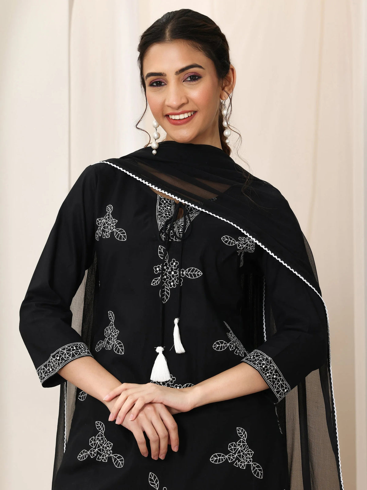 Libas Black Embroidered Cotton Straight Suit Set With Dupatta