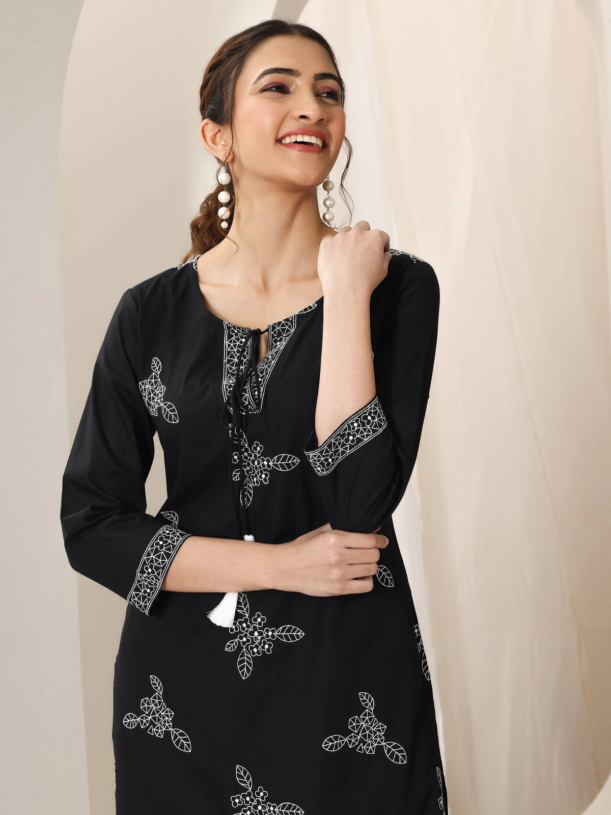 Libas Black Embroidered Cotton Straight Suit Set With Dupatta