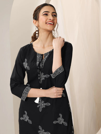Libas Black Embroidered Cotton Straight Suit Set With Dupatta
