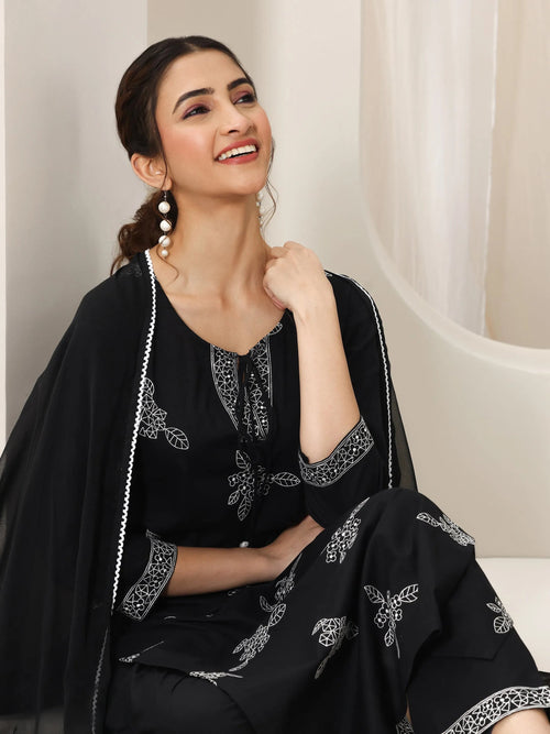 Libas Black Embroidered Cotton Straight Suit Set With Dupatta