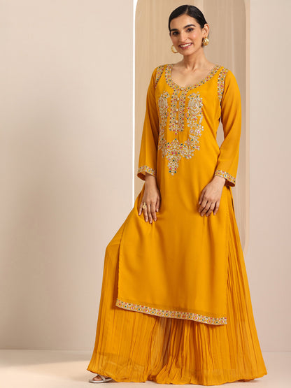Libas Mustard Embroidered Georgette Straight Suit Set With Dupatta