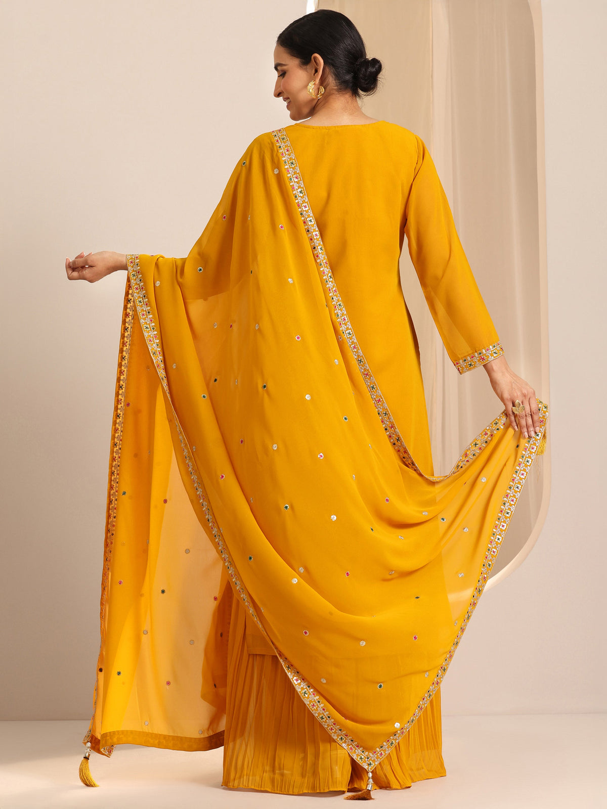 Libas Mustard Embroidered Georgette Straight Suit Set With Dupatta