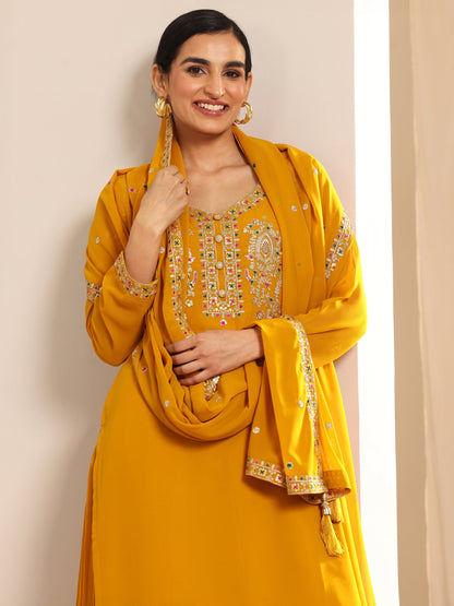 Libas Mustard Embroidered Georgette Straight Suit Set With Dupatta