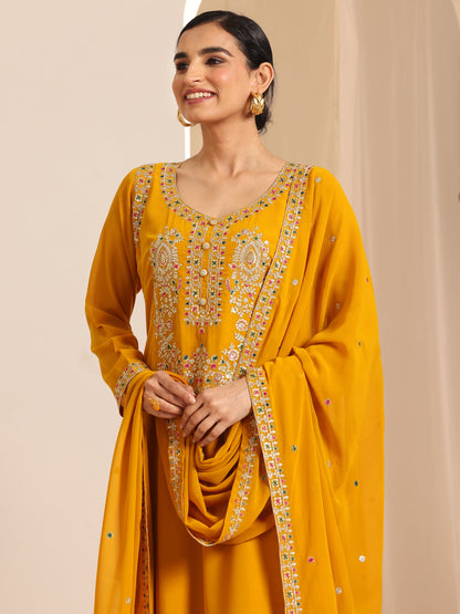 Libas Mustard Embroidered Georgette Straight Suit Set With Dupatta