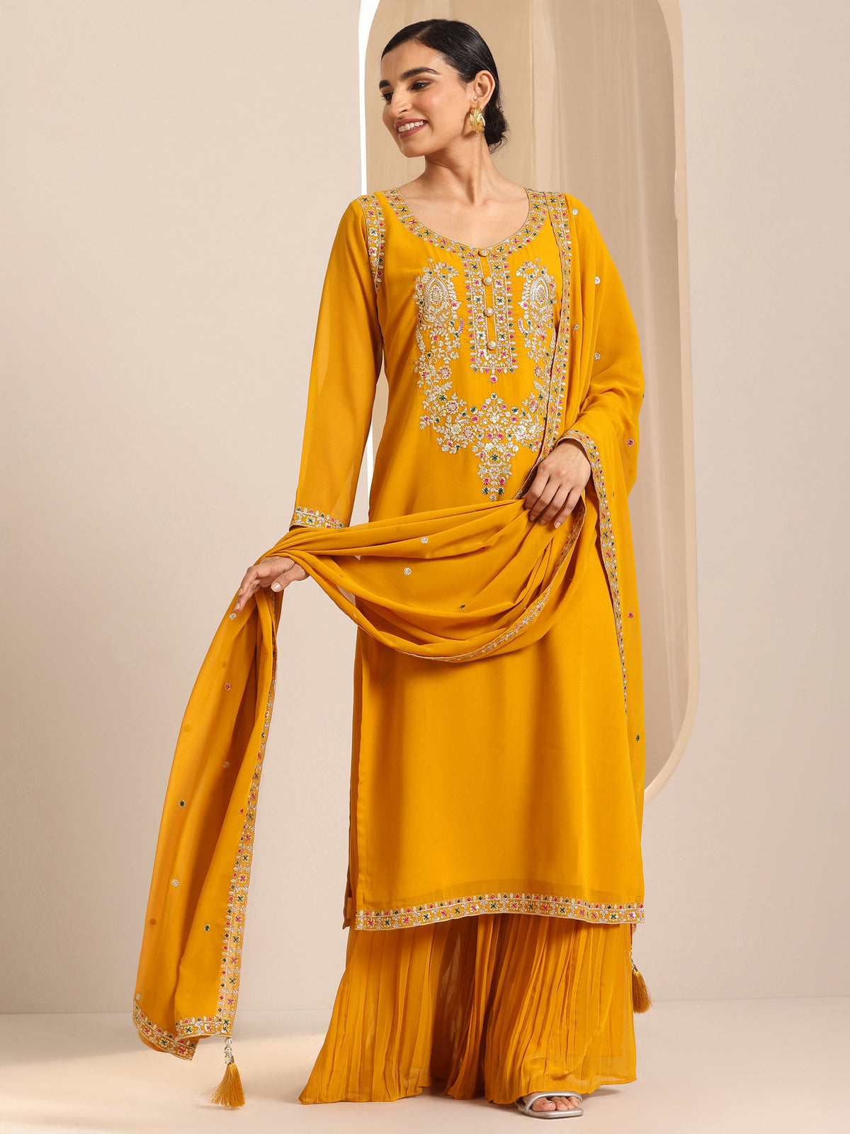 Libas Mustard Embroidered Georgette Straight Suit Set With Dupatta