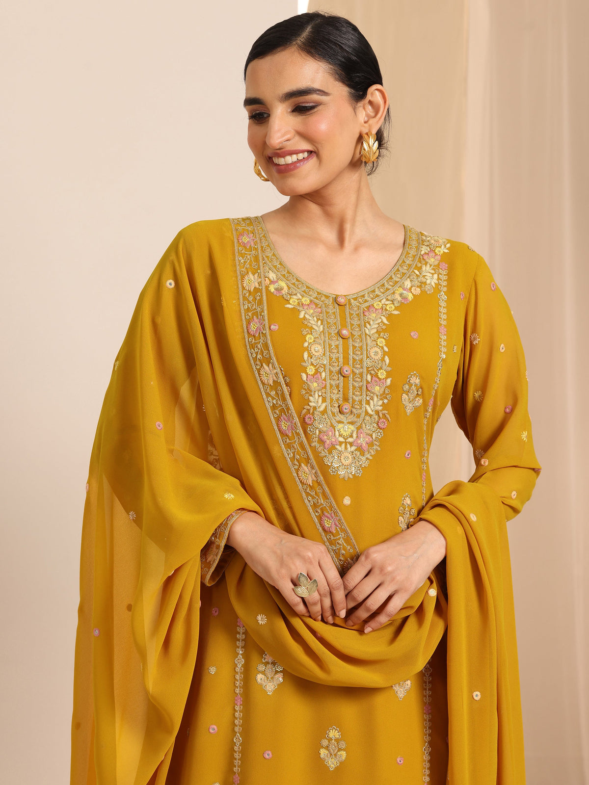 Libas Mustard Embroidered Georgette Straight Suit Set With Dupatta