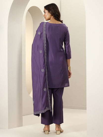 Libas Purple Embroidered Silk Blend Straight Suit Sets With Dupatta