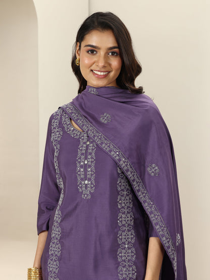 Libas Purple Embroidered Silk Blend Straight Suit Sets With Dupatta