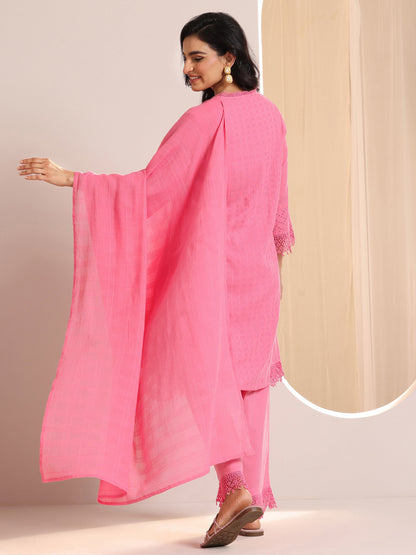 Libas Pink Embroidered Cotton Straight Suit Set With Dupatta