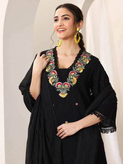 Libas Black Embroidered Cotton Straight Suit Set With Dupatta
