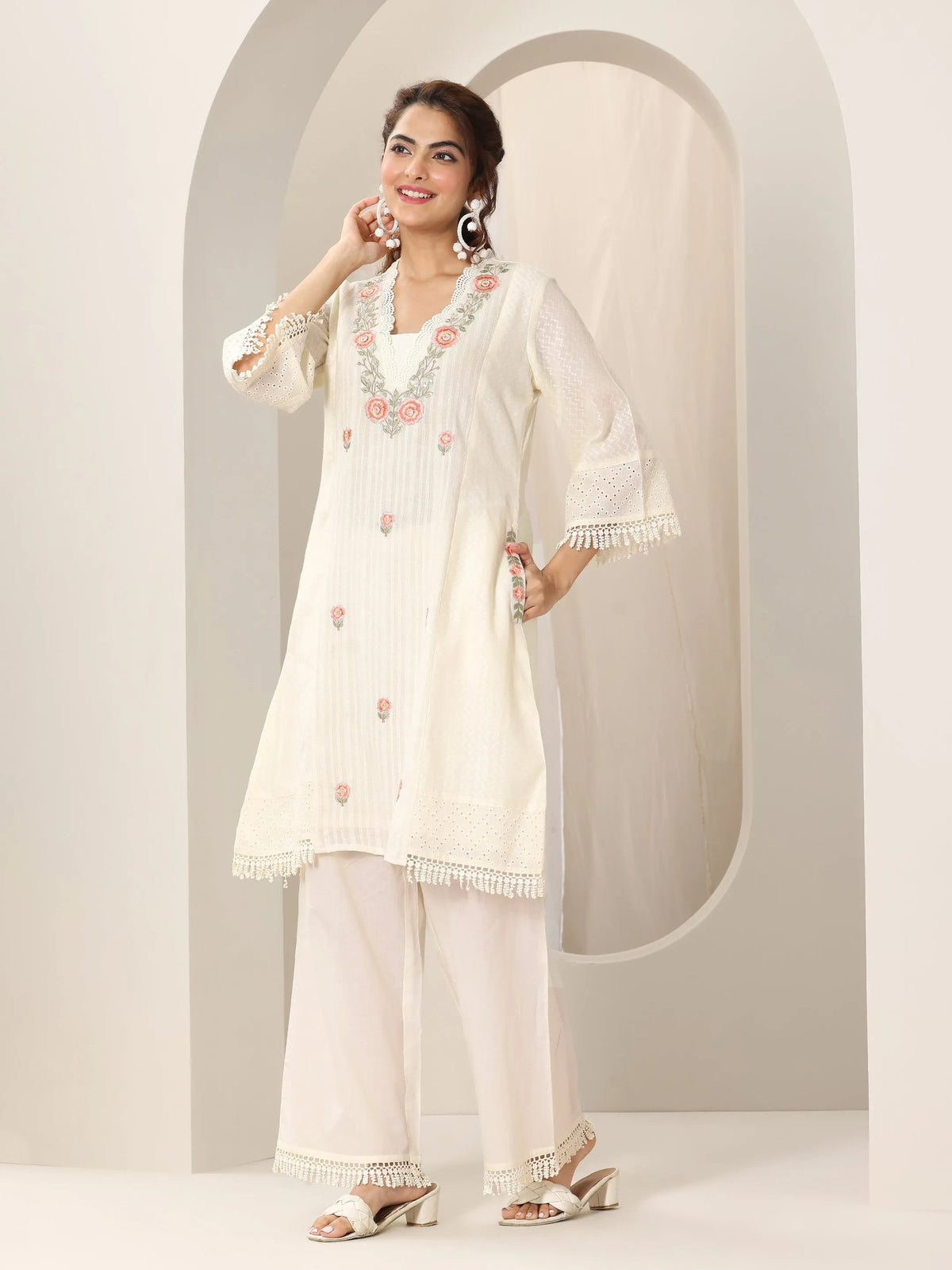 Libas Off White Embroidered Cotton Straight Suit Set With Dupatta
