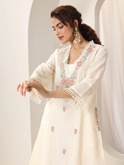 Libas Off White Embroidered Cotton Straight Suit Set With Dupatta