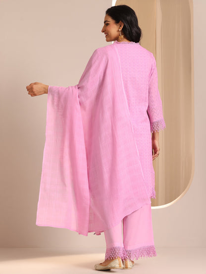 Libas Lavender Embroidered Cotton Straight Suit Set With Dupatta