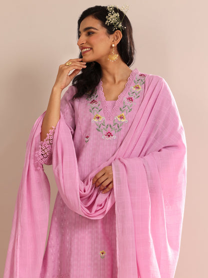 Libas Lavender Embroidered Cotton Straight Suit Set With Dupatta