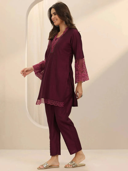 Libas Burgundy Self Design Silk Blend Co-Ord Sets