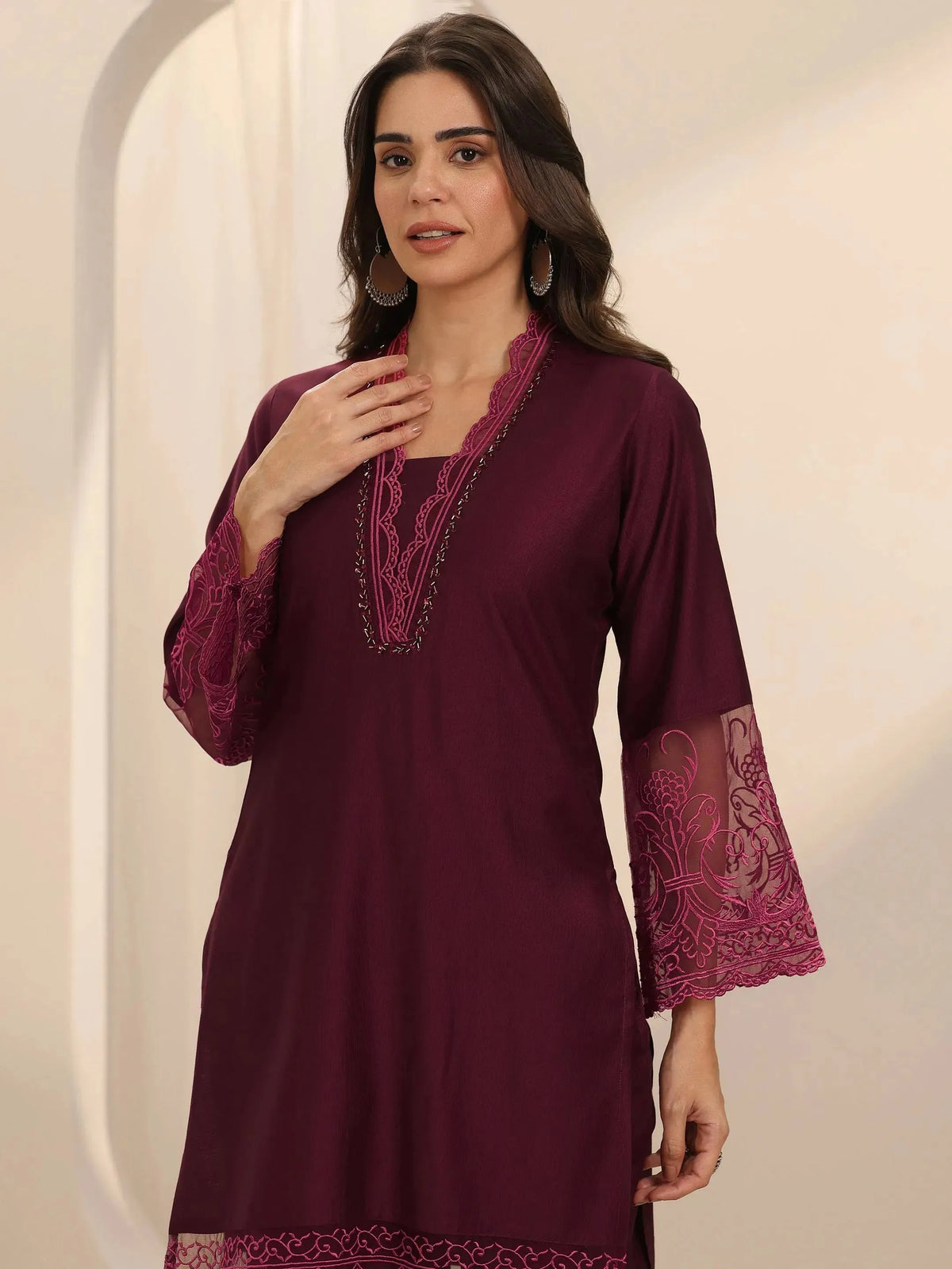 Libas Burgundy Self Design Silk Blend Co-Ord Sets