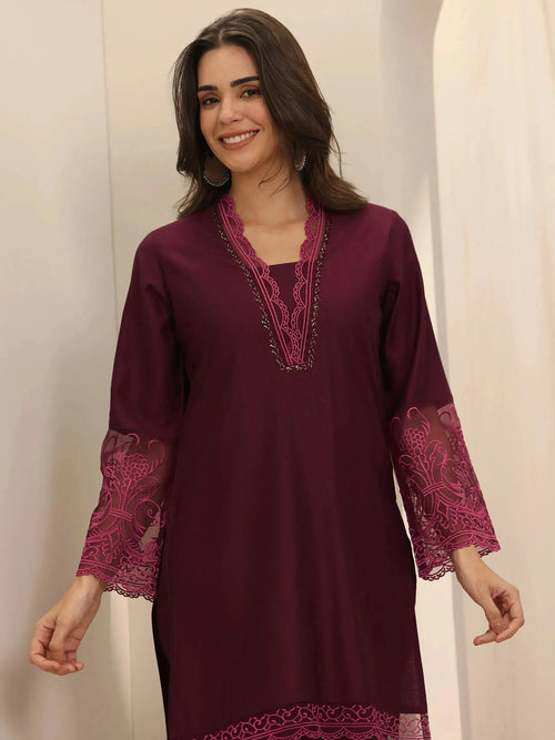 Libas Burgundy Self Design Silk Blend Co-Ord Sets