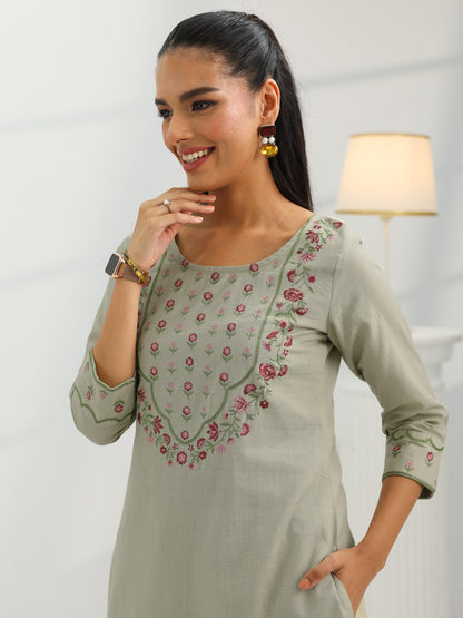 Libas Beige Yoke Design Cotton Straight Suit Set With Dupatta