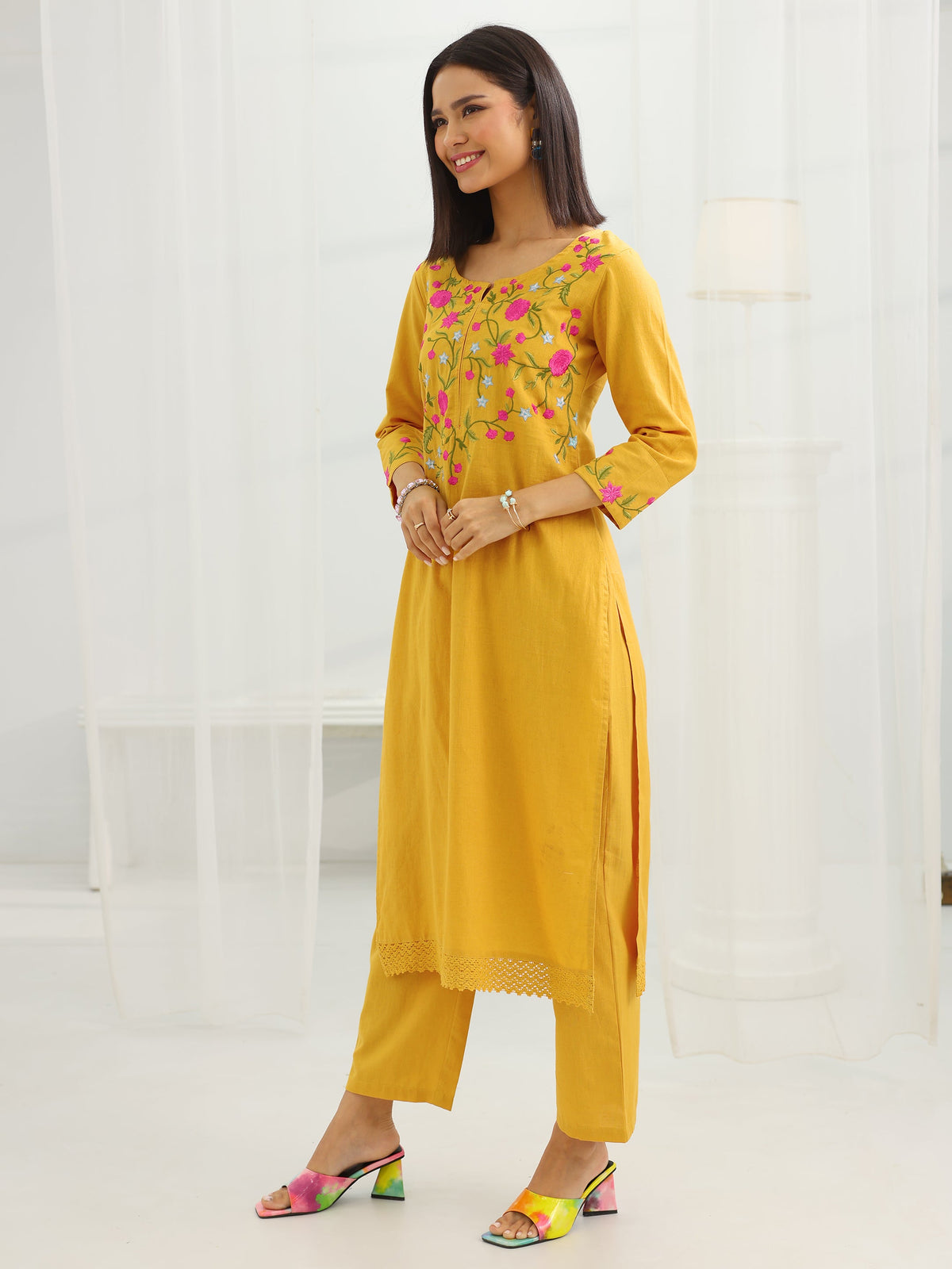 Libas Mustard Yoke Design Cotton Straight Suit Set With Dupatta