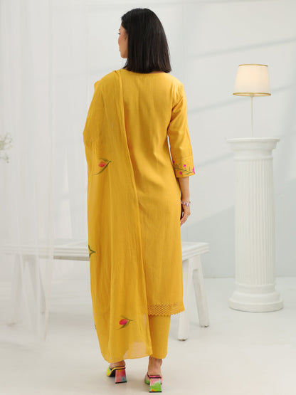 Libas Mustard Yoke Design Cotton Straight Suit Set With Dupatta