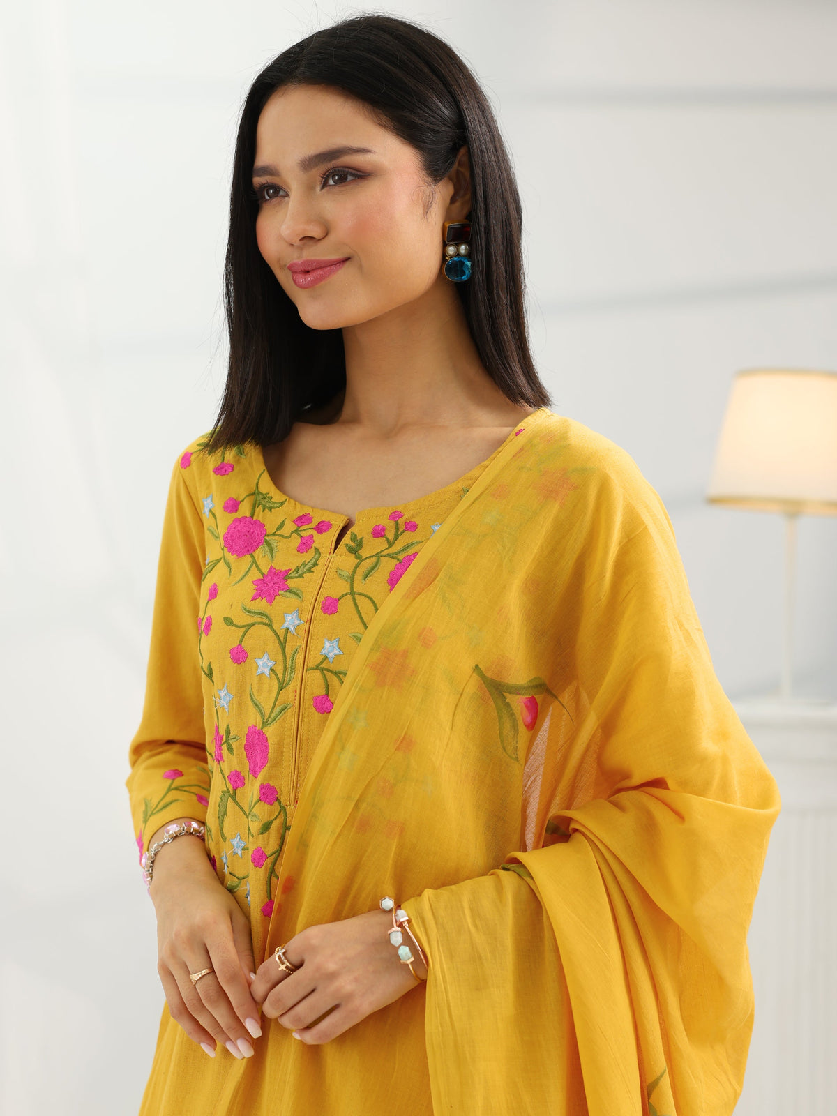 Libas Mustard Yoke Design Cotton Straight Suit Set With Dupatta