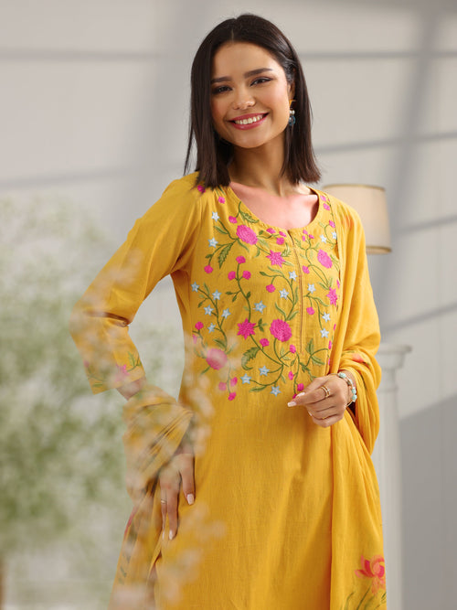 Libas Mustard Yoke Design Cotton Straight Suit Set With Dupatta